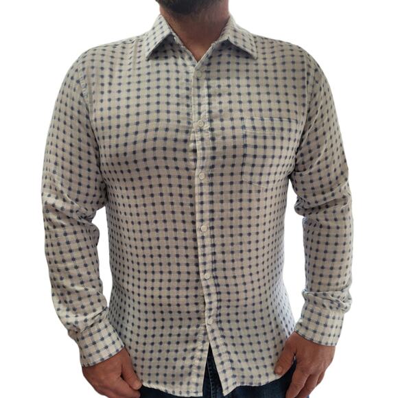 Haggar Button Down Dress Shirt Sz L Blue Gray Checkered Fade Plaid Classic - Picture 1 of 10